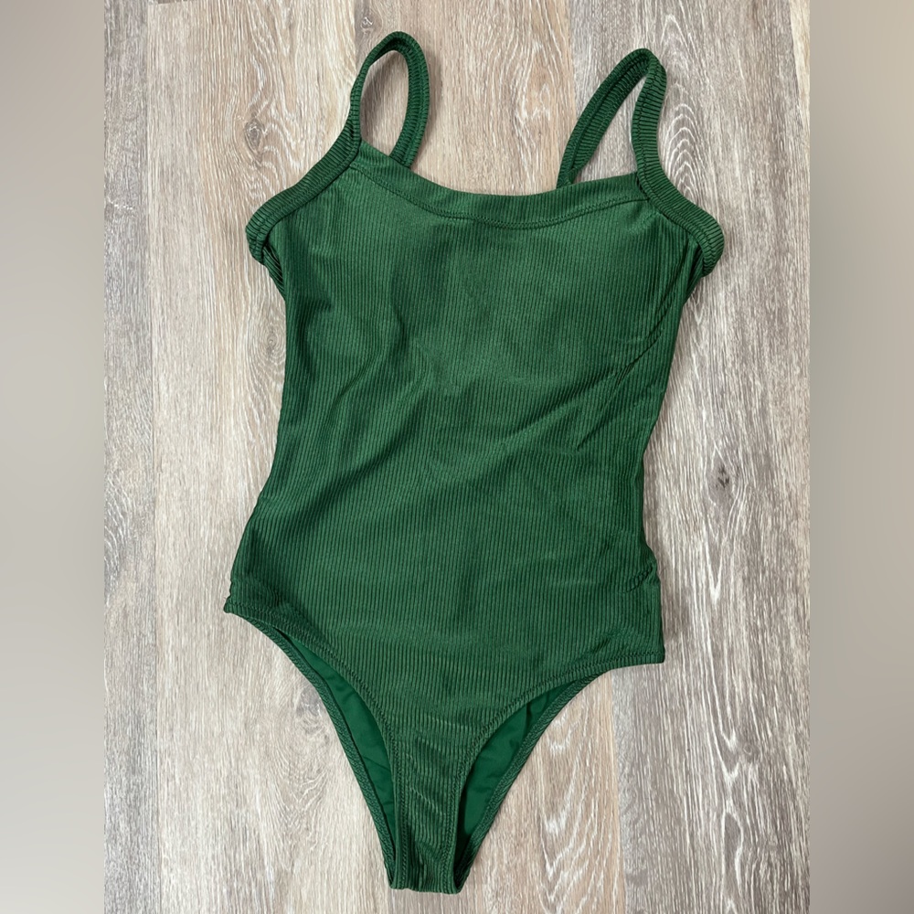 Aerie dark green ribbed cheeky scoop back 1 piece swimsuit, size small long.